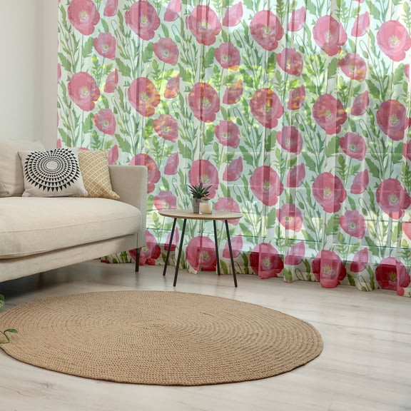 Poppy Flower Tulle Curtains with Rod Pocket, Leaves and Petals Watercolors Bouquet Romance Inspiration Valentines Day, Sheer Drape for Wedding Party 2 Panels, 7 Sizes, Green Pink Cream, by Ambesonne