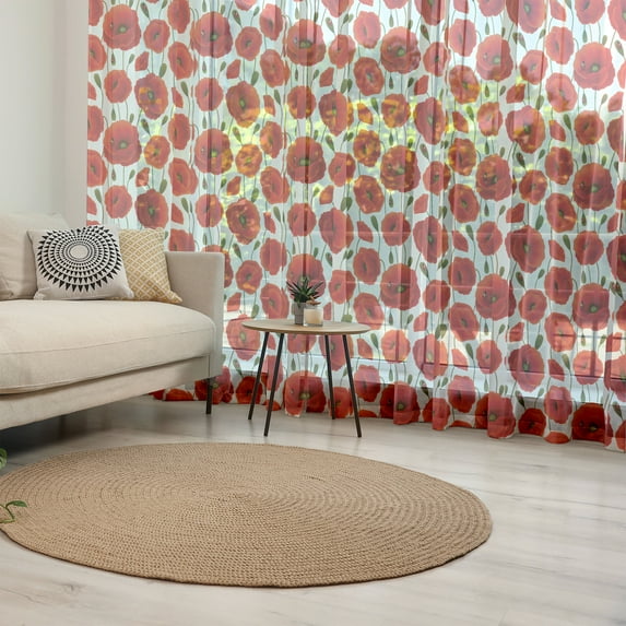 Poppy Flower Tulle Curtains with Rod Pocket, Springs Ladybugs Animals and Plants Flora Fauna Nature, Sheer Drape for Wedding Party 2 Panels, 7 Sizes, Orange Olive Green White, by Ambesonne