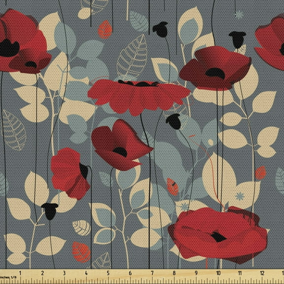 Ambesonne Poppy Flower Fabric by the Yard Upholstery, Modern Floral Garden, 2 Yards, Grey Red Beige