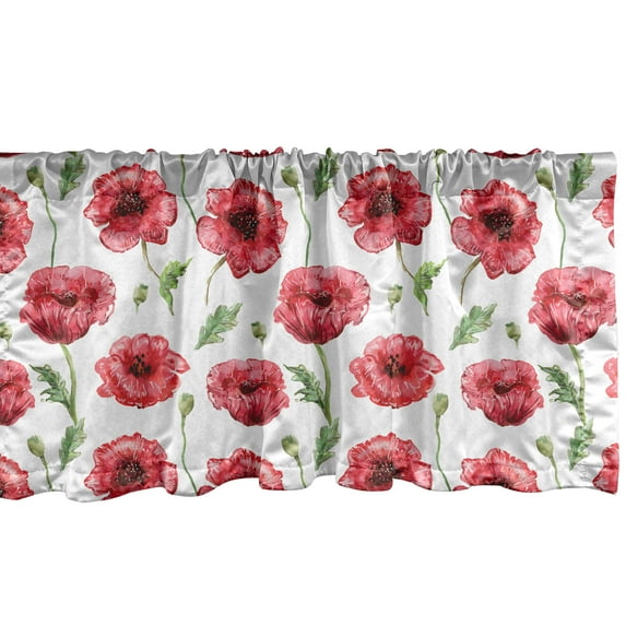 Ambesonne Poppy Flower Valance Pack of 2, Aquarelle Ornamental, 54"X12", Coral Green White