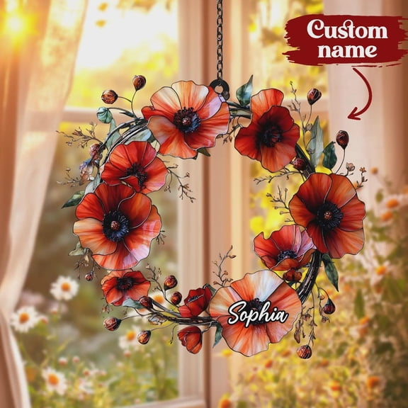 Poppy Flower Wreath Acrylic Suncatcher, Faux Stained Glass Window Hanging, Orange Floral Circle Home Decor Gift for Women size 12in
