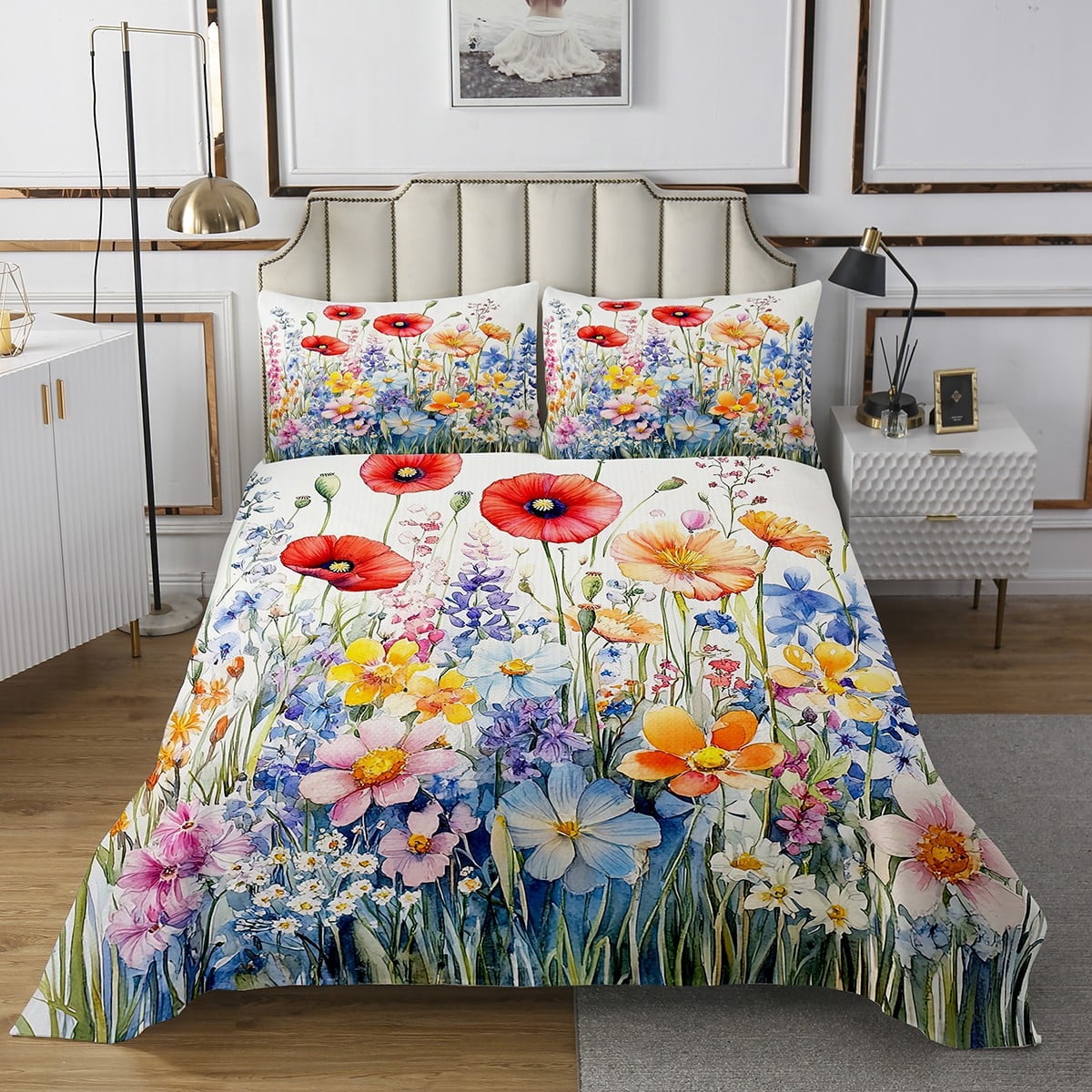 Poppy Flowers Bedspread Set Boho Floral Quilt Set Queen,Jungle Plant Coverlet Set Botanical Leaves Quilted,Country Butterfly Rustic Home Decor