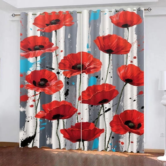 Poppy Flowers Blackout Curtains for Bedroom, Plants and Flowers Curtains for Living Room, Stripes Home Decor Drapes 2 Panel Sets, Art Style Grommet Black Out Drapes-42"W x 45"L (Pack of 2)