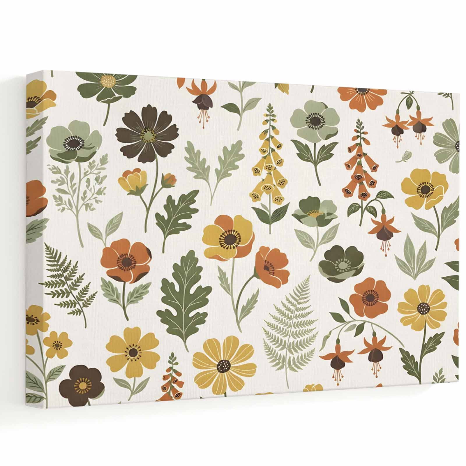 Poppy Flowers Canvas Wall Art, Retro Botanical Mustard Yellow Olive ...