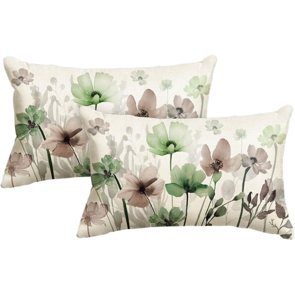 Poppy Flowers Chinoiserie Throw Pillow Covers, 12 x 20 Inch Sage Green Brown Seasonal Leaves Cushion Case Decoration for Sofa Couch Set of 2