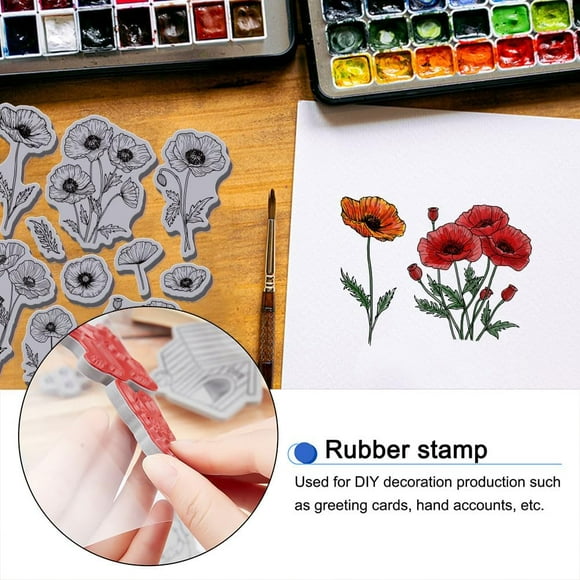 Poppy Flowers Cling Rubber Stamp 8.7x7in Poppy EVA Stamps Embossing Stamp Seal Flower Rubber Stamps for Scrapbooking and Card Making Paper Craft Decor