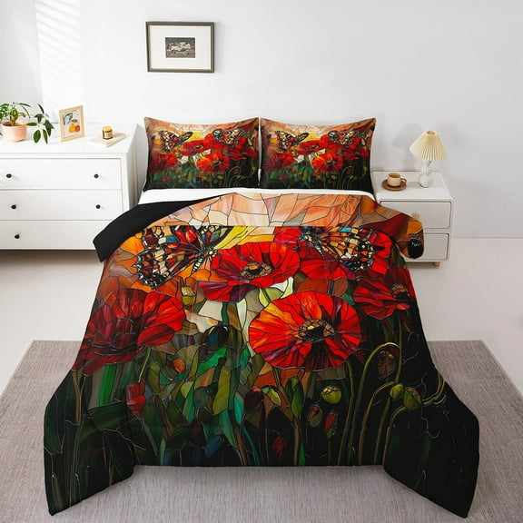 Poppy Flowers Comforter Set King Size,Rustic Blooming Red Flowers Botanical Bedding Set for Adults Room,Garden Butterfly Artistic Stained Glass Style Down Comforter,3 Pcs 2 Pillowcases
