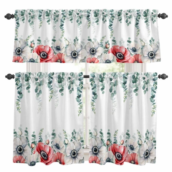 Poppy Flowers Eucalyptus Kitchen Curtains Sets for Windows 36 Inch Length, Farmhouse Weeping Botanical Rod Pocket Window Treatments Tier Curtains and Valances Set for Bedroom/Bathroom