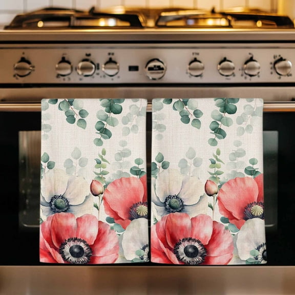 Poppy Flowers Eucalyptus Kitchen Towels Set of 1, Rustic Weeping Botanical Linen Absorbent Dish Towels for Kitchen, Microfiber Hand Towel, Quick Drying Tea Towel for Cleaning Decorative Dishcloths