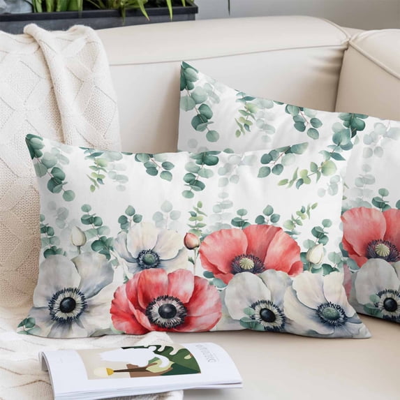 Poppy Flowers Eucalyptus Pillow Protectors with Zipper Standard Size, Farmhouse Weeping Botanical Soft Brushed Microfiber Breathable Throw Pillow Covers, Pillowcase for Couch Sofa Bedroom 20"x26"