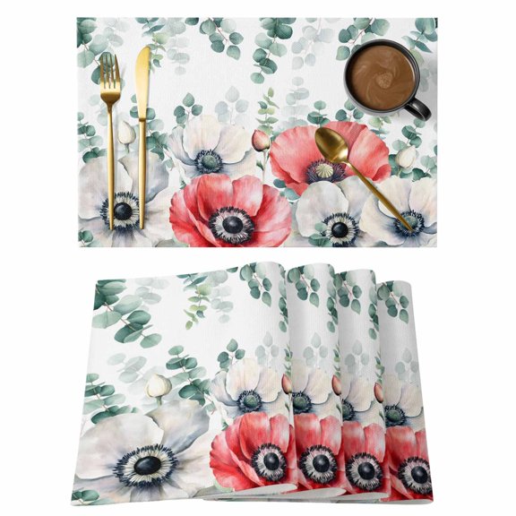Poppy Flowers Eucalyptus Placemats Set of 4, Farmhouse Weeping Botanical Placemats for Dining Table, Place Mats for Kitchen Tabletop, Waterproof Wipeable Dining Table Mats Set