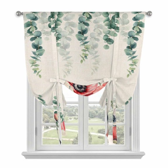 Poppy Flowers Eucalyptus Tie Up Curtains for Windows, Balloon Window Shades, Rustic Weeping Botanical Linen Kitchen Window Treatments Roll Up Curtain for Basement/Nursery 52"x45"