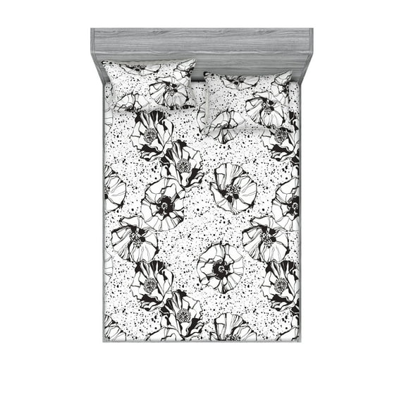 Poppy Flowers Fitted Sheet & Pillow Sham Set, Grunge Feelings Monochrome Floral Silhouettes on Dotted Background, Decorative Printed 3 Piece Bedding Decor, King, Charcoal Grey White, by Ambesonne