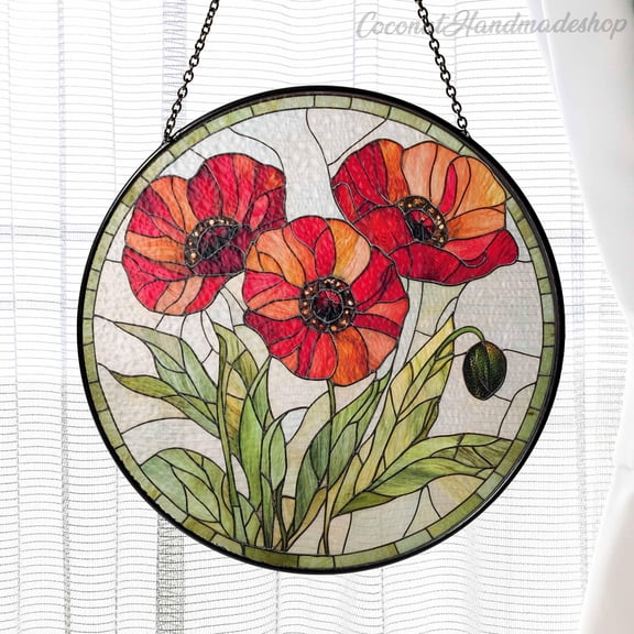 Poppy Flowers Glass Suncatcher, Poppy Flower Sun Catcher for Mom, Poppy Flower Lovers Gift, Poppy Mothers Day Gift for Mom, August Flowers 1906071991