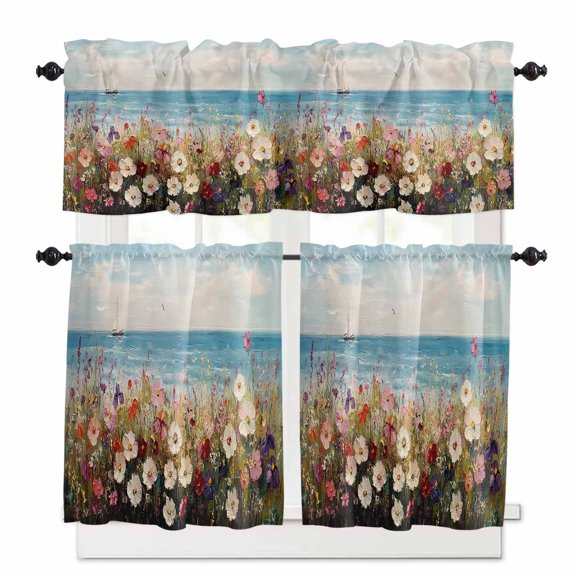 Poppy Flowers Kitchen Curtains and Valances Set, Ocean Ship Landscape Rod Pocket Window Valance 18 Inch Window Curtain Panels for Living Room Bedroom Laundry, 27.5x36in, 3 Pieces