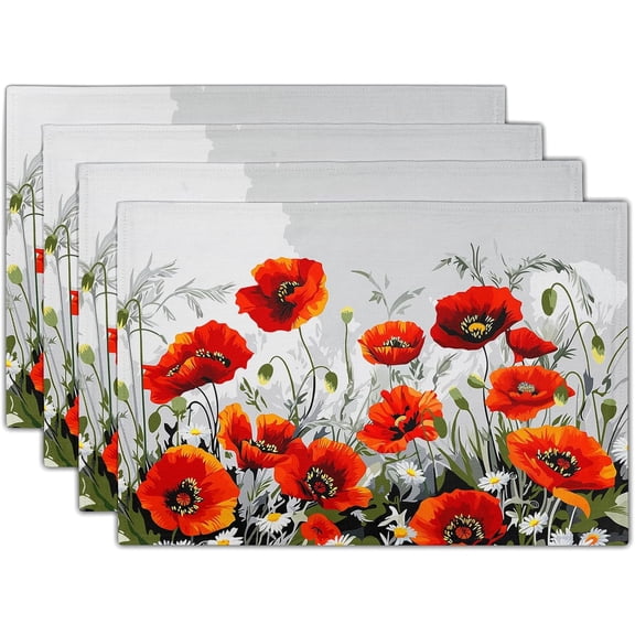Poppy Flowers Placemats Set of 4, 12"x18" Rustic Red Orange Floral Linen Place Mat, Spring Summer Washable Non-Slip Table Mats for Kitchen Dining Party Picnic Indoor Outdoor Decor