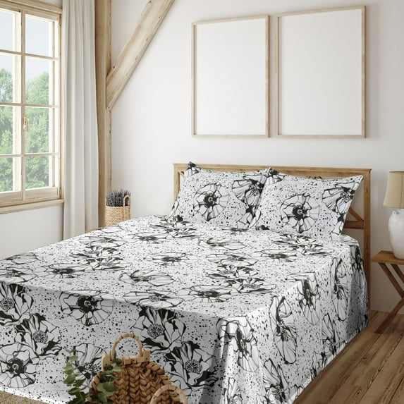 Poppy Flowers Sheet Set, Grunge Feelings Monochrome Floral Silhouettes on Dotted Background, Fitted & Flat Sheet with Pillowcase Bedding Accent 3 Pcs Set, Twin XL, Charcoal Grey White, by Ambesonne