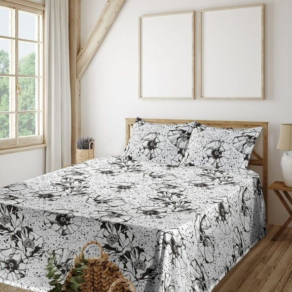 Poppy Flowers Sheet Set, Grunge Feelings Monochrome Floral Silhouettes on Dotted Background, Fitted & Flat Sheet with Pillowcase Bedding Accent 3 Pcs Set, Twin XL, Charcoal Grey White, by Ambesonne