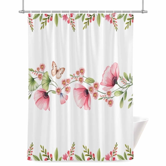 Poppy Flowers Shower Curtain, Pink Floral Leaf Butterfly Farmhousue Waterproof Shower Curtain Set with 12 Hooks Lightweight Bath Curtains Fabric Bathroom Decor 36x72 Inches