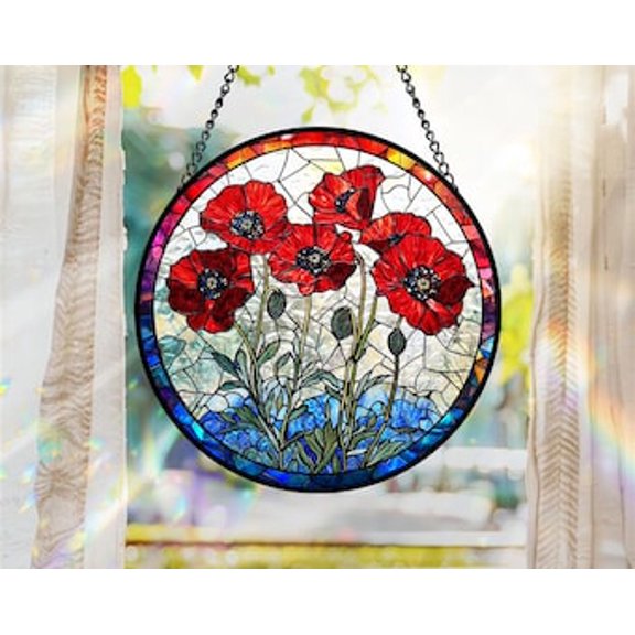 Poppy Flowers Suncatcher, Glass Plant Window Hanging Sign, Unique Botanical Art, Artistic Poppy Decor, Memory Day Gift, Mom Gift, 6.3 in