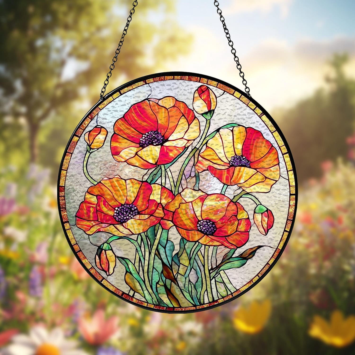 Poppy Flowers Suncatcher, Stained Glass Plant Home Decor, Unique ...