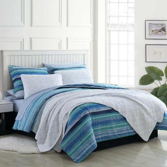 Poppy & Fritz Alex Comforter Set Blue Ocean Stripes Comforter, Full/Queen
