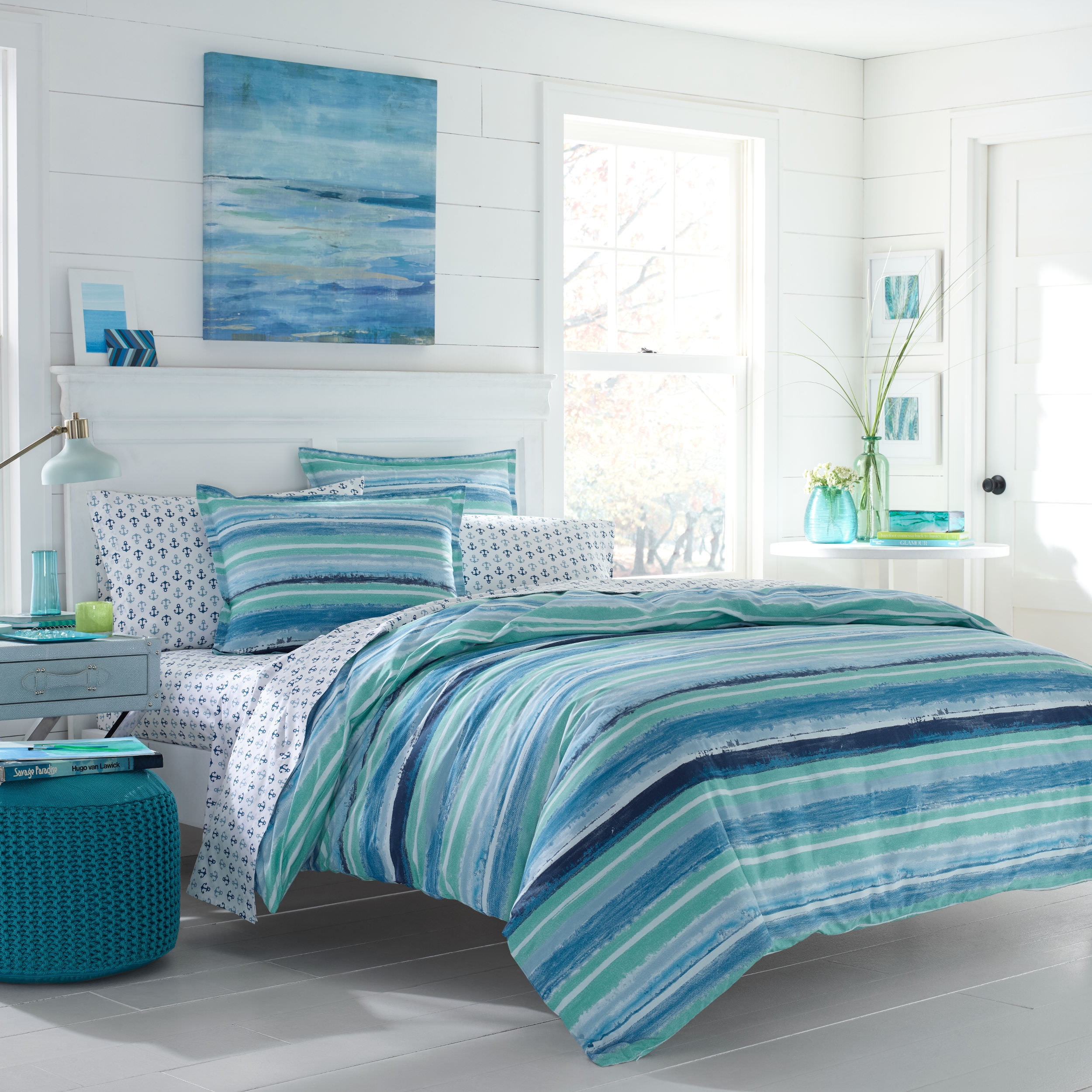 Aqua Blue Striped Cotton Twin Duvet Cover Set