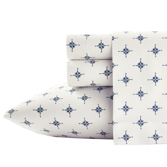 Poppy & Fritz Contemporary 200 Thread Count Navy Blue White Compass Cotton Percale Sheet Set Twin-XL