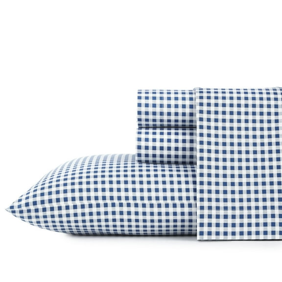 Poppy & Fritz Gingham Plaid Cotton Blue 4 Piece Sheet Set-Queen