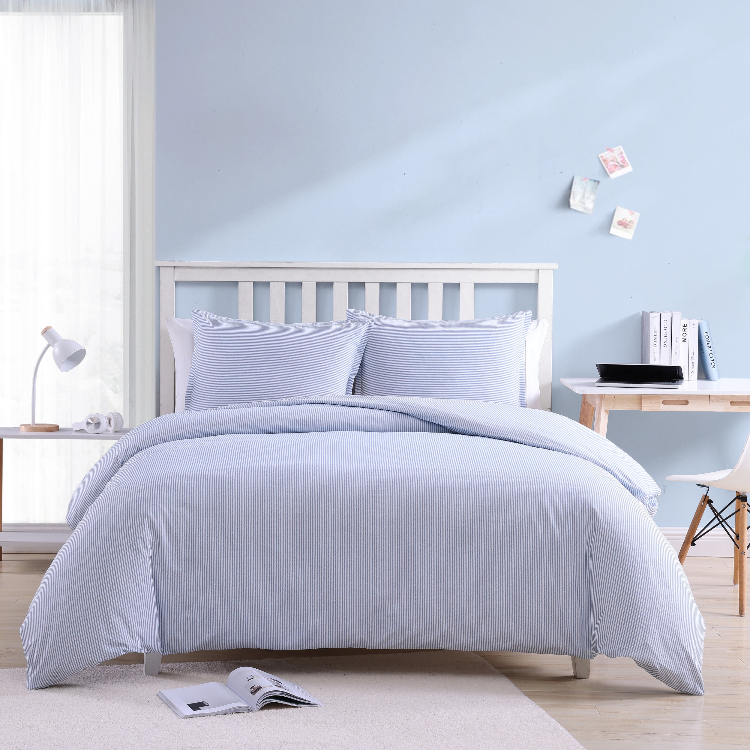 Oxford Stripe Blue and White Cotton Full/Queen Duvet Cover Set