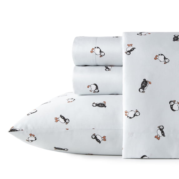 Poppy & Fritz Puffin Paradise Cotton Blue 4 Piece Sheet Set-Full