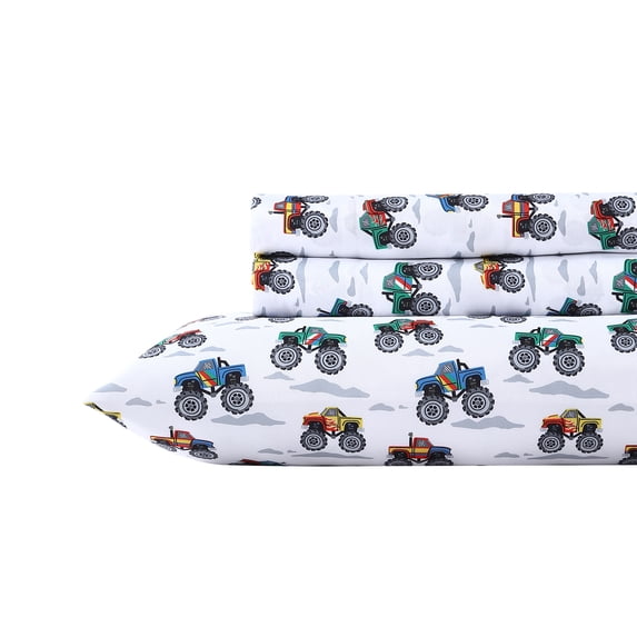 Poppy & Fritz Trucks Microfiber Grey 4 Piece Sheet Set-Full