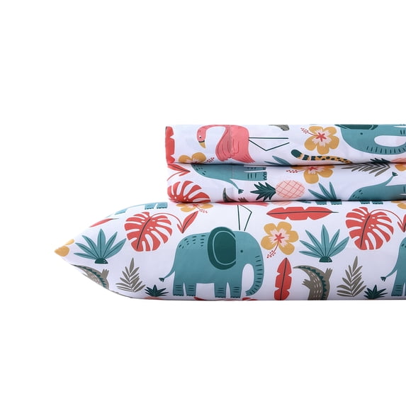 Poppy & Fritz Wild Animals Microfiber Pink & Green 4 Piece Sheet Set-Full