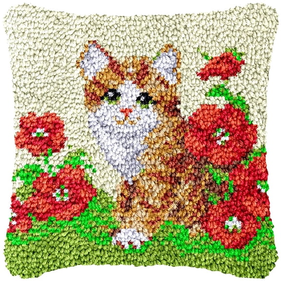 Poppy & Kitten Latch Hook Kits Pillow Cover DIY Rug Making Crochet Hook Cushion Making Kits with Preprinted Pattern Canvas DIY Needlework Crochet Kits Sofa Decor 43x43cm
