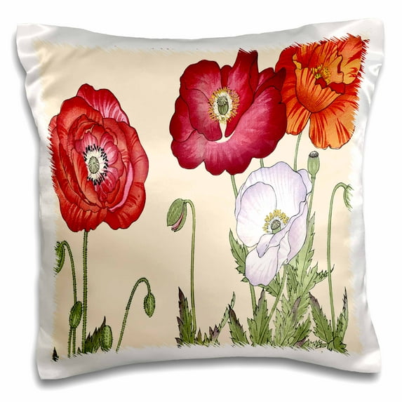 3dRose, Poppy, Large Blooms in Red, Orange, Burgundy and White, 16x16 inch Pillow Case