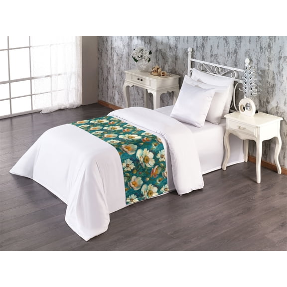 Poppy Pattern Bed Runner, Tropical Jungle Floral Boho with Delicate Petals and Peduncles, Decorative Accent Bedding Scarf for Hotels Homes & Guest Rooms, Twin, Teal Apricot Pale Green, by Ambesonne