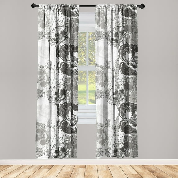 Poppy Pattern Window Curtains, Grunge Dreamy Silhouettes of Flowers Boho with Spotted Backdrop, Lightweight Decor 2-Panel Set with Rod Pocket, Pair of - 28"x84", Charcoal Grey Coconut, by Ambesonne