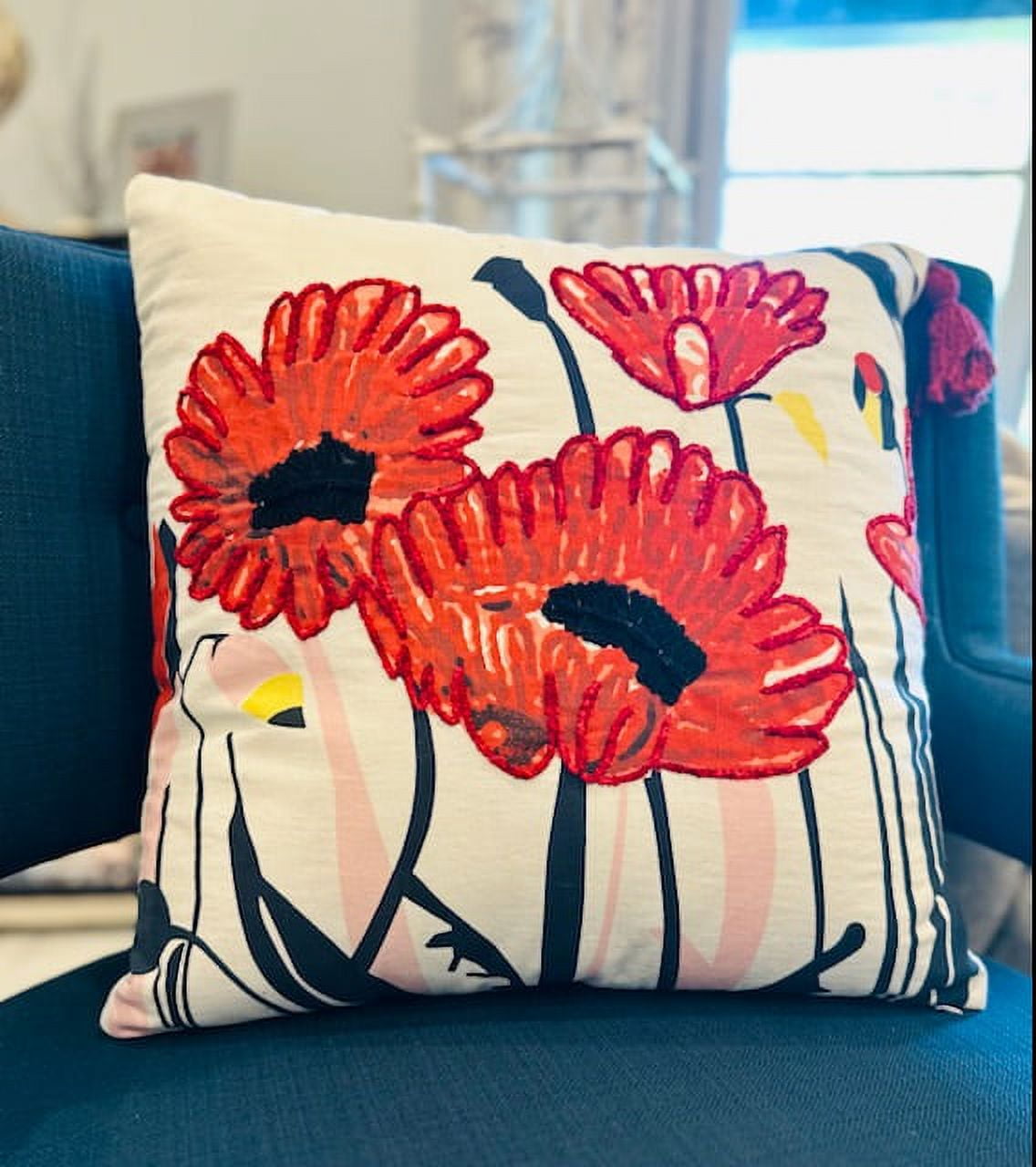 18" Square Embroidered Floral Cotton Throw Pillow