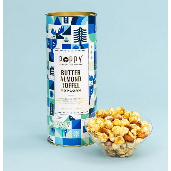 Poppy Popcorn Hand Crafted Butter Almond Toffee Holiday Cylinder