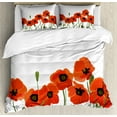 thumbnail image 1 of Poppy Queen Size Duvet Cover Set, Efflorescing Meadow in the Backwoods Vibrant Blossoms Buds Bouquet, Decorative 3 Piece Bedding Set with 2 Pillow Shams, Vermilion Olive Green Black, by Ambesonne, 1 of 3