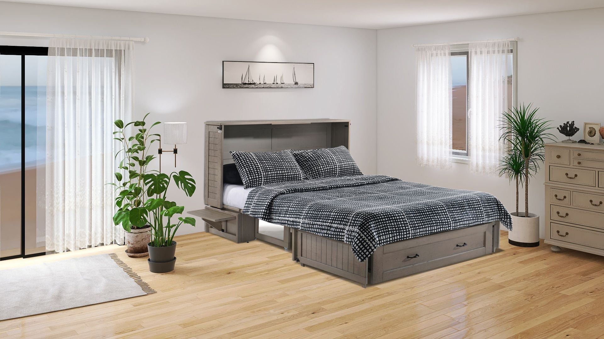 Brushed Driftwood Queen Murphy Bed with USB Charging & Storage Drawer