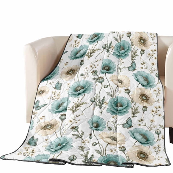Poppy Quilted Comforters Cooling Blanket Oversized King Size, Rustic Boho Floral Aqua Blue Beige Flower Buds Botanical Cold Comfort for Hot Sleepers Lightweight Air Conditioning Quilt Blanket for Bed