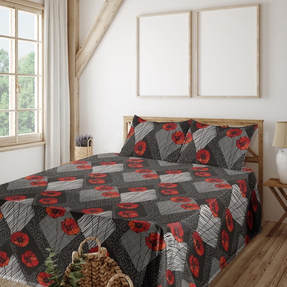 Ambesonne Poppy Fitted & Flat Sheet with Shams 4 Pcs Set, Boho Abstract Flowers Neutral, King, Dark Coral Pale Grey