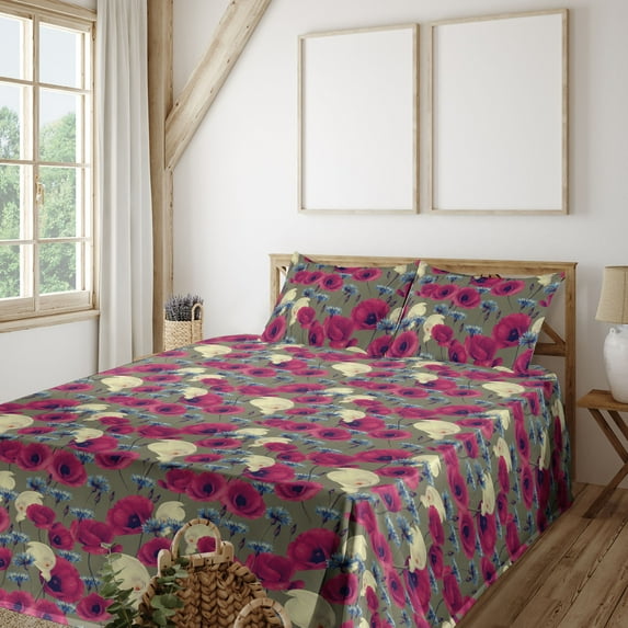 Ambesonne Poppy Fitted & Flat Sheet with Shams 4 Pcs Set, Floral Composition Garden, Full, Pale Yellow Magenta