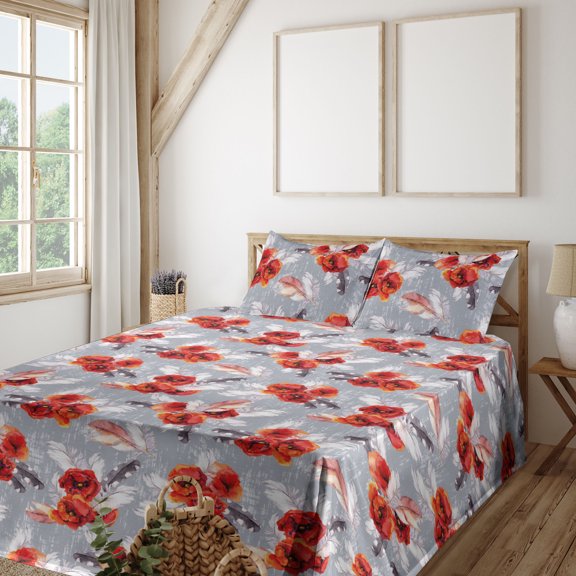 Ambesonne Poppy Fitted & Flat Sheet with Sham 3 Pcs Set, Vintage Boho Feathers Flowers, Twin, Vermilion and Taupe Grey