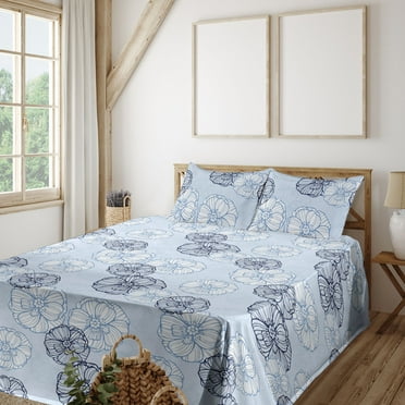 Ambesonne Poppy Fitted & Flat Sheet with Shams 4 Pcs Set, Winter Meadow Flowers Modern, King, Pale Azure Blue White