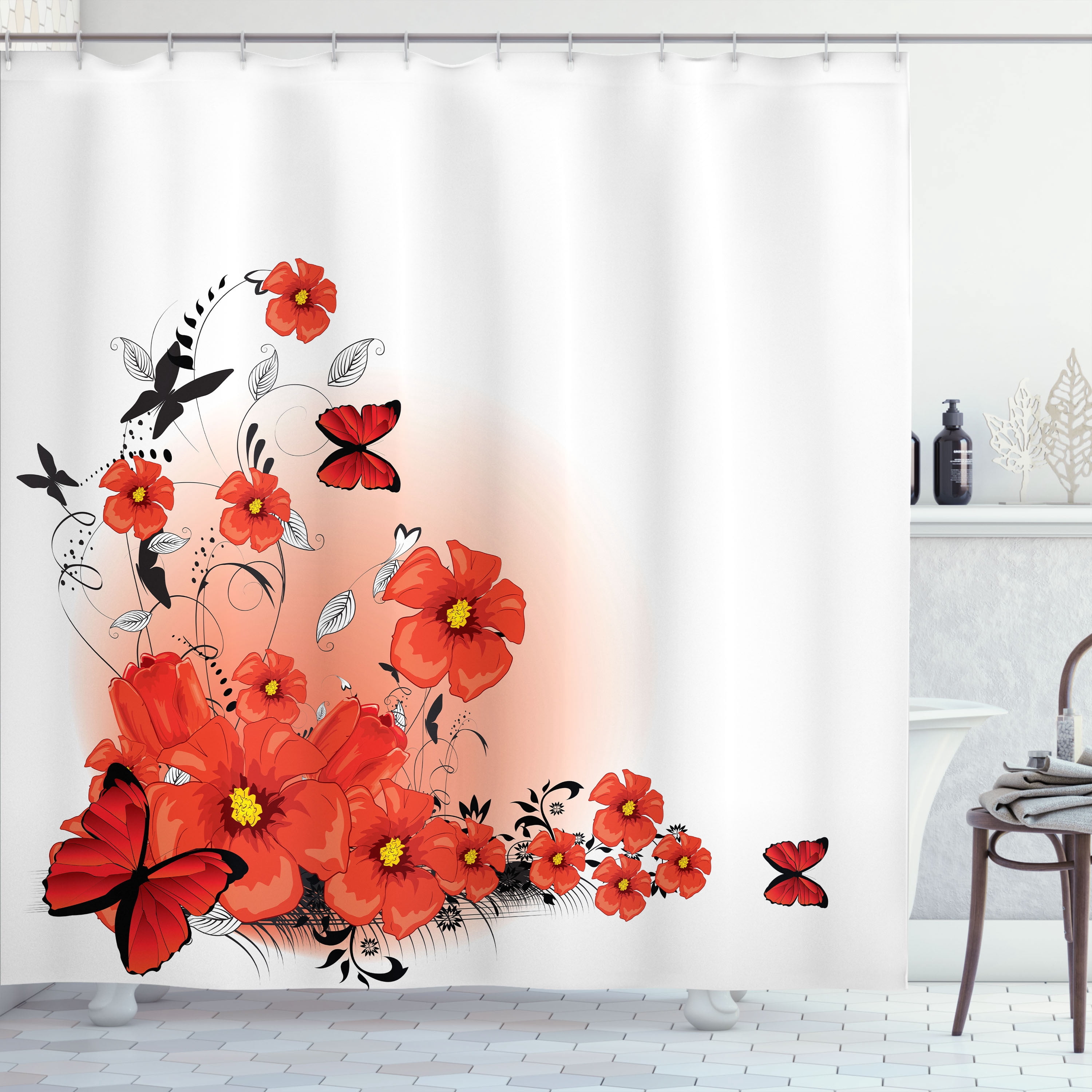 Poppy Shower Curtain, Floral Flash Background with Butterflies Spring