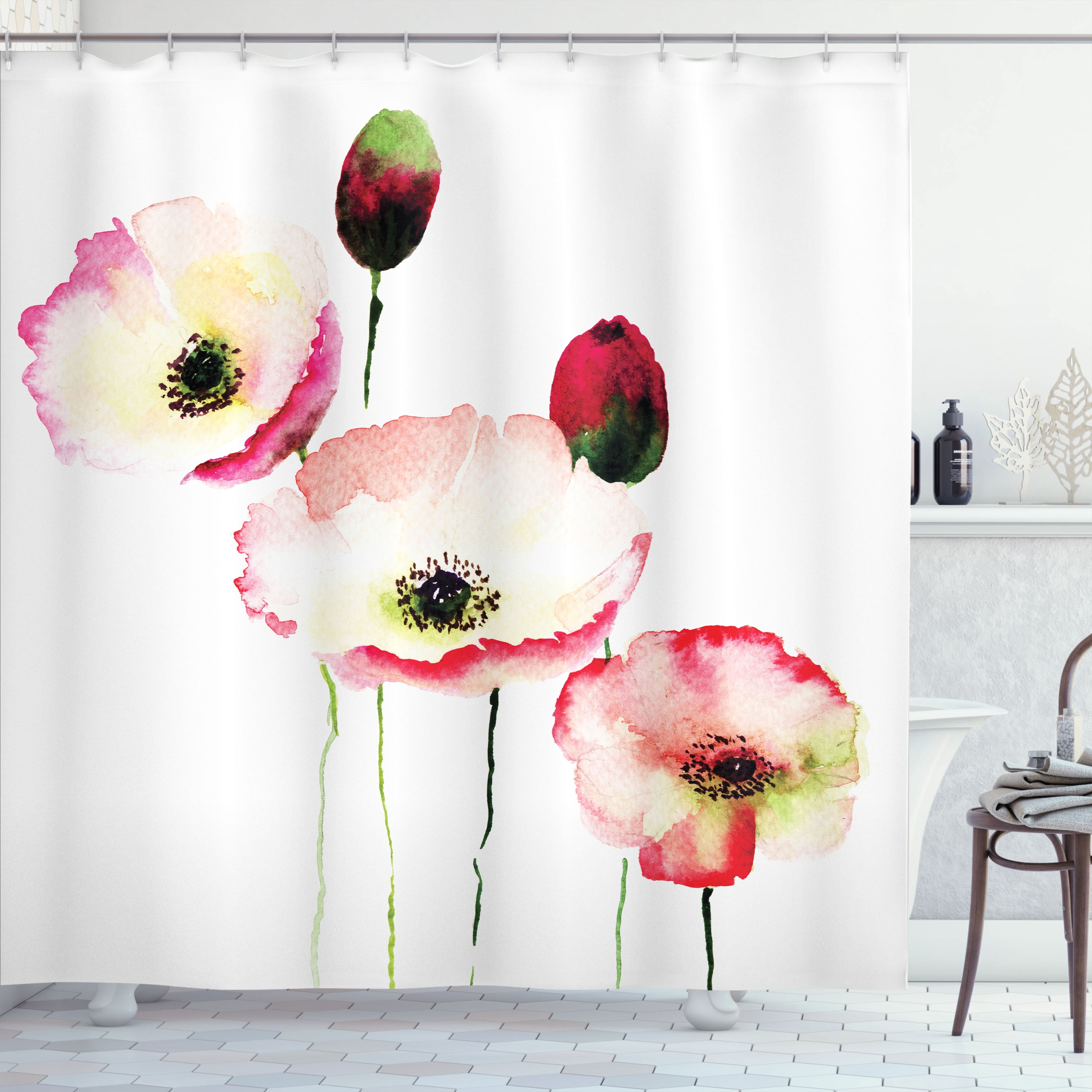 Poppy Shower Curtain, Stylized Different Sized Poppy Flowers Revival