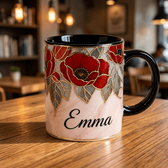 Poppy Stained Glass Ceramic Mug Personalized Red Flower Coffee Cup Gift