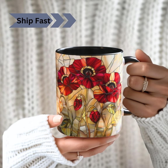 Poppy Stained Glass Print Mug: August Birth Flower Gift